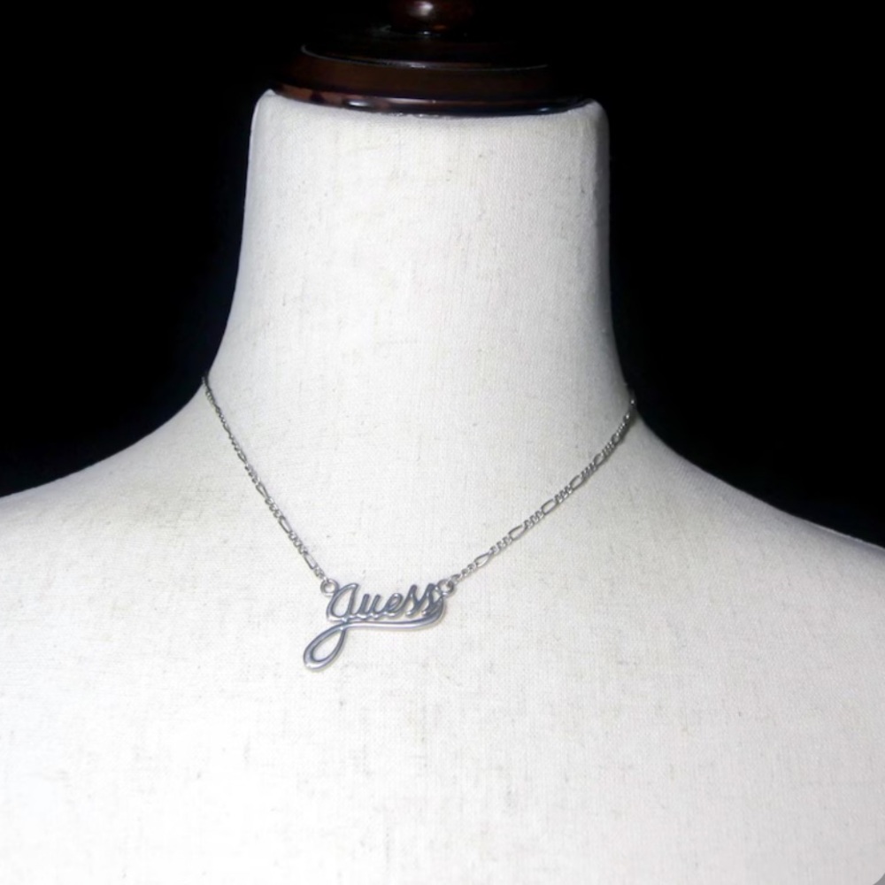 Vintage Guess Silver Tone Necklace 15 in Figaro Chain with Guess Iconic Pendant